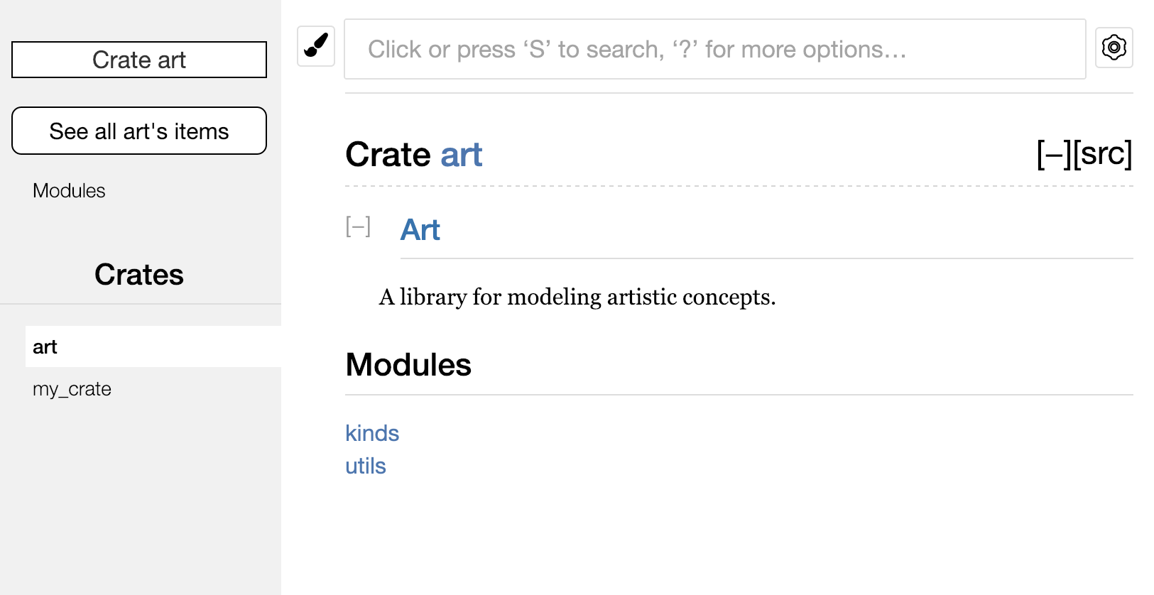 Rendered documentation for the `art` crate that lists the `kinds` and `utils` modules