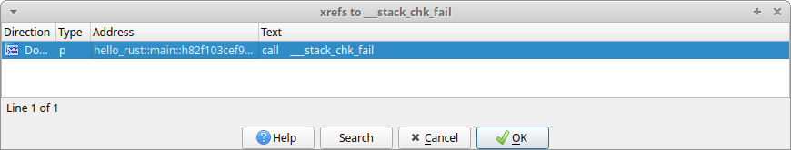 Screenshot of IDA Pro listing cross references to __stack_chk_fail in hello-rust.